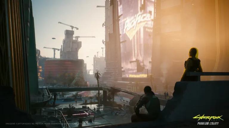 Cyberpunk 2077 Phantom Liberty com V em Night City durante uma missão de ação