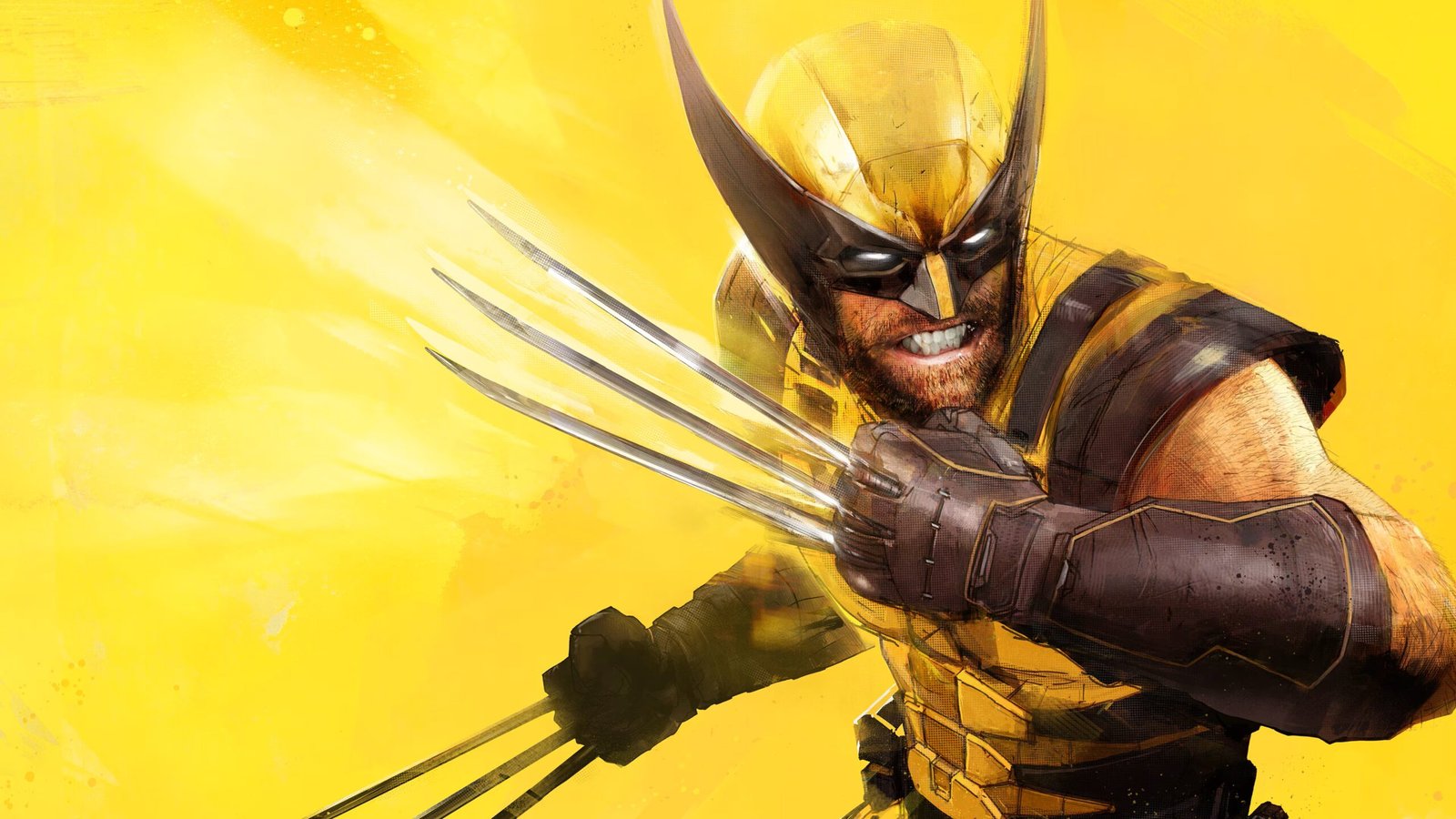 Arte promocional de Marvel's Wolverine, mostrando o herói mutante Logan no balcão de um bar, preparando suas garras de adamantium