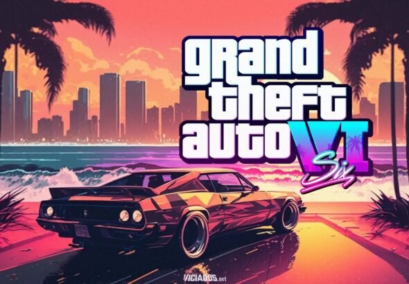 Arte gráfica para capa de artigo com o título 'Rockstar Games lamenta vazamentos de GTA 6 e reforça compromisso com a qualidade'. Ao fundo, elementos visuais borrados da franquia GTA e o logotipo da Rockstar Games em destaque