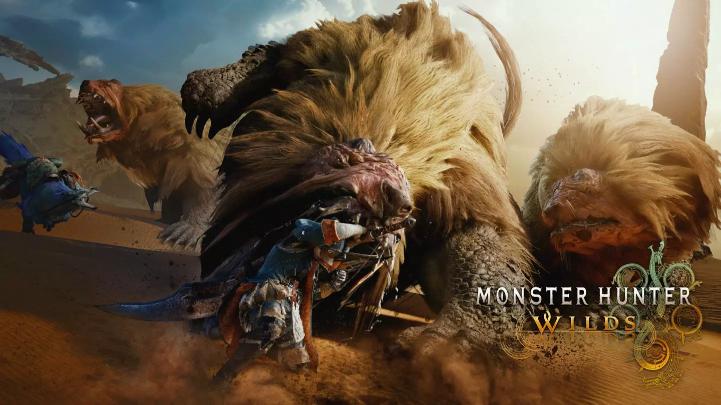 Caçador enfrentando monstro gigante em tempestade no jogo Monster Hunter Wilds review.