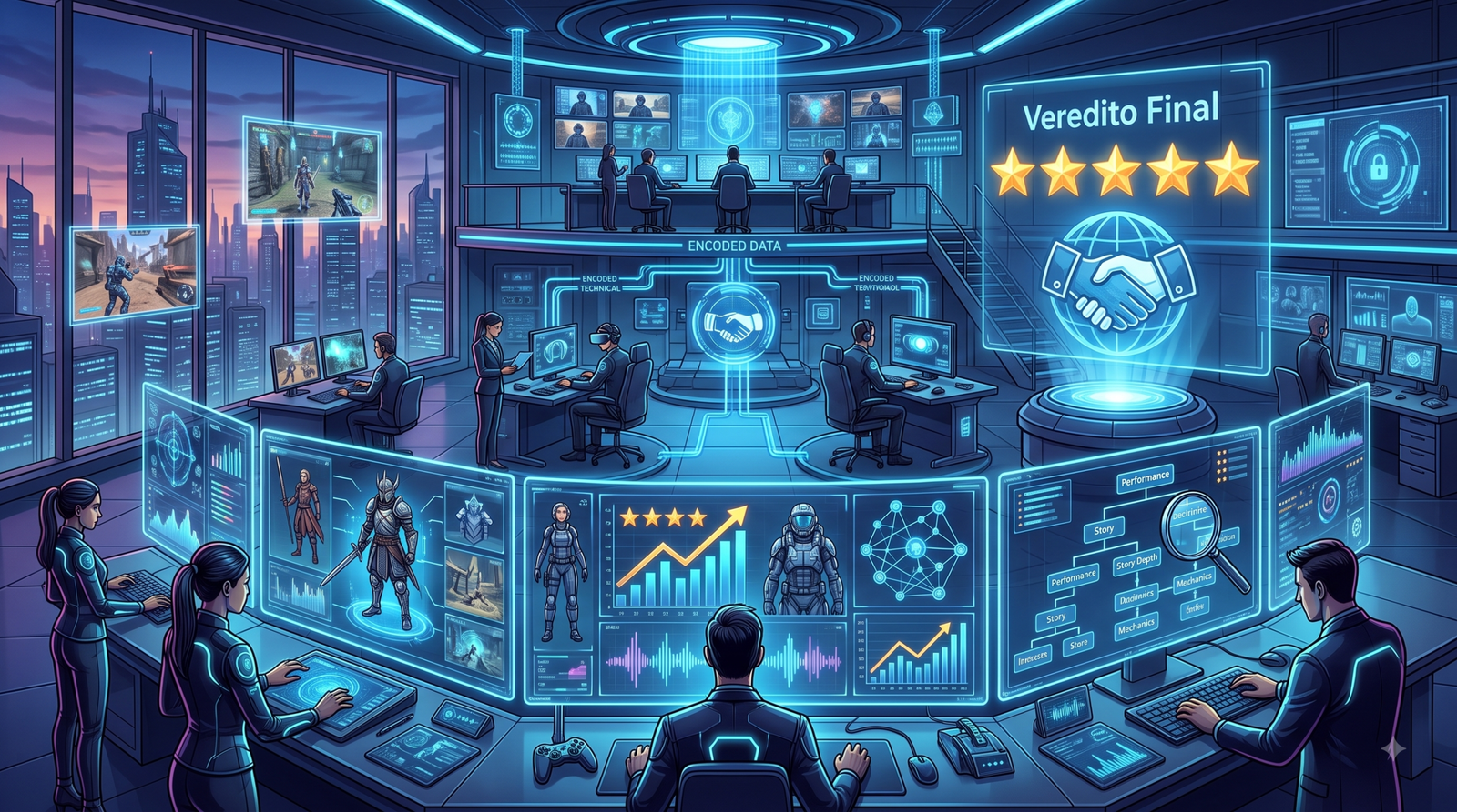 Estúdio de gravação e bancada de trabalho de um analista de games profissional com monitores exibindo métricas de reviews.