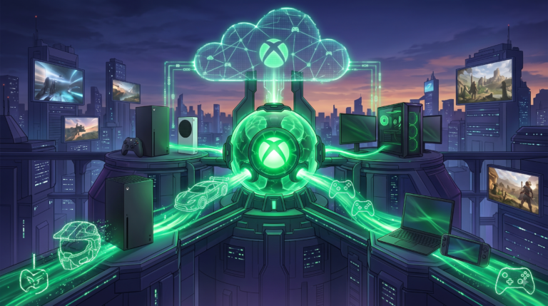 Ilustração conceitual mostrando o futuro dos Xbox Games e o ecossistema conectado da Microsoft com nuvem, consoles e PC.