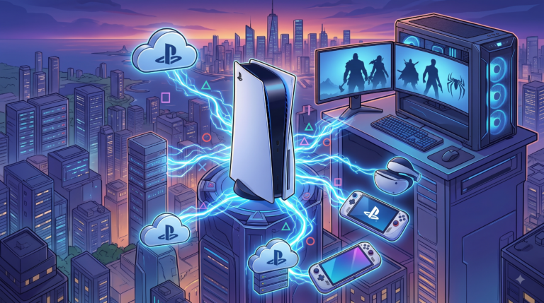 Ilustração conceitual mostrando o futuro do ecossistema PlayStation conectando a marca PS5 com PC Gamer, nuvem e dispositivos portáteis.