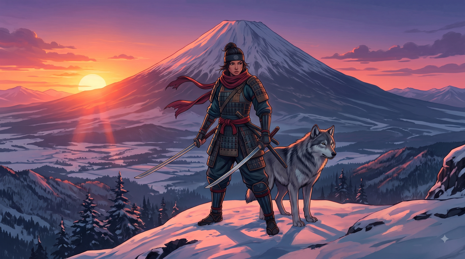Guerreira Atsu empunhando katanas com o Monte Yōtei ao fundo em Ghost of Yōtei review.
