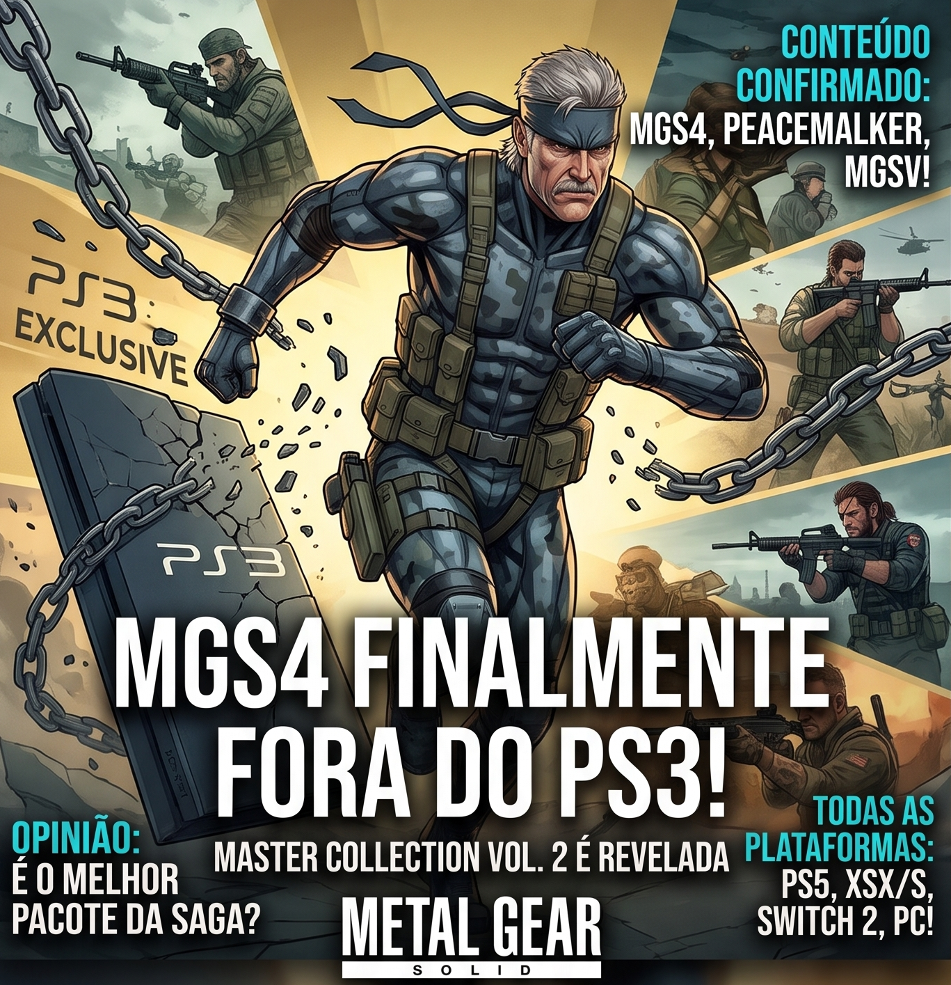 Arte oficial de Metal Gear Solid Master Collection Vol 2 mostrando MGS4 consoles modernos.