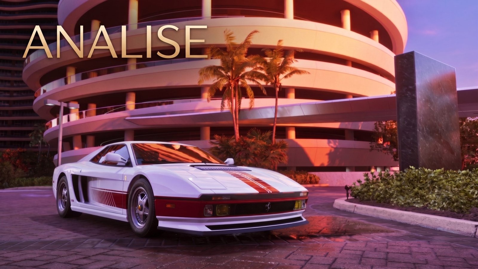 "Captura de tela de jogo de estética Grand Theft Auto, usada como imagem de capa para um artigo de análise sobre o impacto do vazamento de GTA 6. Um carro esportivo retrô Pegassi Infernus Classic branco e vermelho está estacionado em uma rua de paralelepípedos molhada em primeiro plano. Atrás dele está um complexo residencial circular de estacionamento, 'Pegassi Residences South Tower', ladeado por palmeiras, sob um pôr do sol rosa e roxo dramático. O texto dourado grande 'ANÁLISE' está no canto superior esquerdo, e um pequeno selo 'approved' dourado está no canto inferior direito
