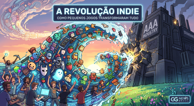 Ilustração conceitual representando a revolução dos jogos independentes enfrentando a indústria AAA.