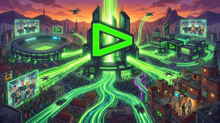 Ilustração conceitual sobre a trajetória da LOUD e a revolução dos e-sports no Brasil com luzes verde néon e arenas lotadas.
