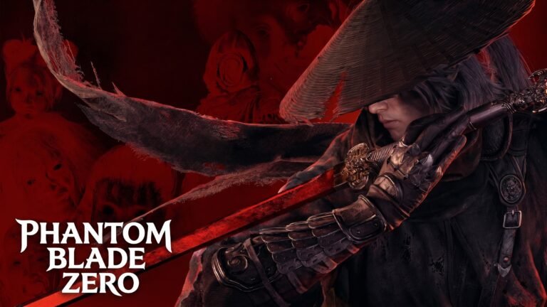 Arte promocional de Phantom Blade Zero mostrando o protagonista com um chapéu de bambu, empunhando uma espada de lâmina vermelha brilhante contra um fundo vermelho sombrio com a logo do jogo.