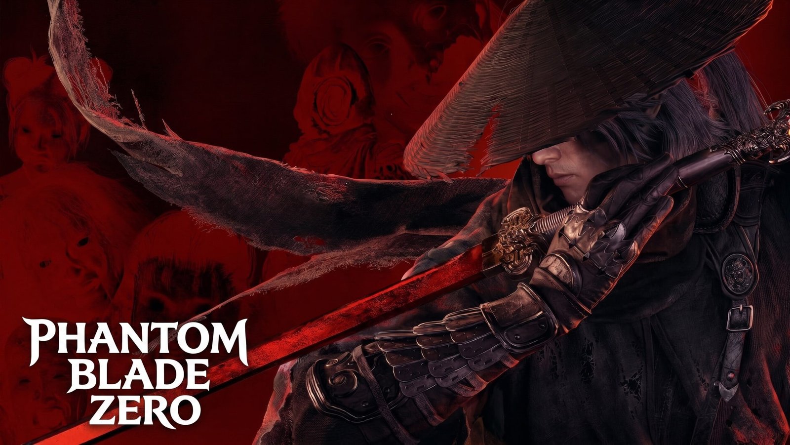 Arte promocional de Phantom Blade Zero mostrando o protagonista com um chapéu de bambu, empunhando uma espada de lâmina vermelha brilhante contra um fundo vermelho sombrio com a logo do jogo.