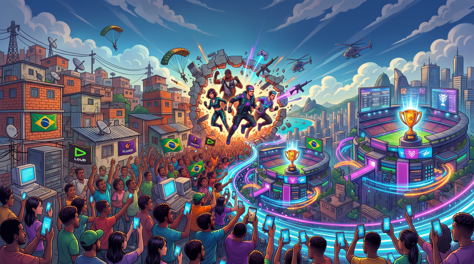 Ilustração conceitual mostrando o impacto do Garena Free Fire Brasil na cultura gamer e nos e-sports mobile.