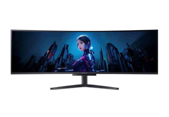 Monitor gamer curvo Predator X49 de 49 polegadas com painel OLED ligado em setup gamer de alto desempenho