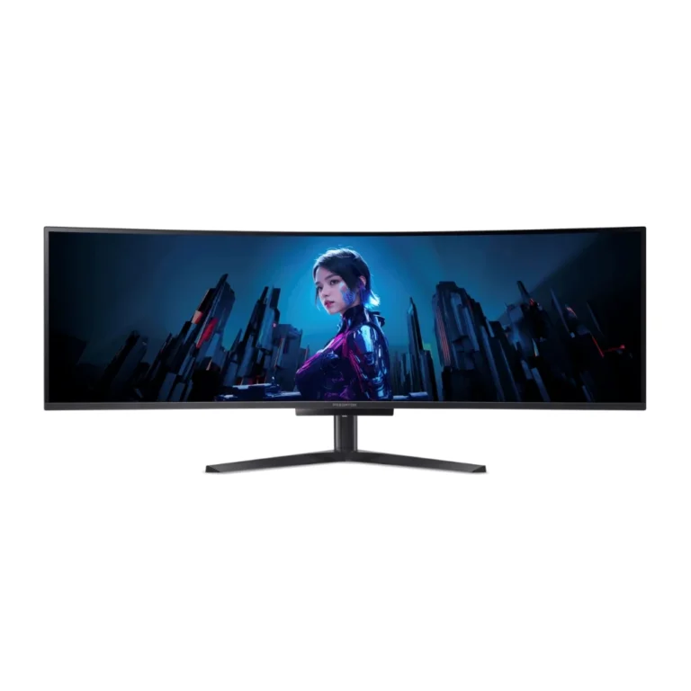 Monitor gamer curvo Predator X49 de 49 polegadas com painel OLED ligado em setup gamer de alto desempenho