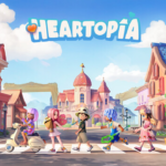 Captura de tela do jogo Heartopia, mostrando o personagem do jogador realizando atividades cotidianas em um ambiente ensolarado e tranquilo, como decorando o quintal de uma casa fofa ou cuidando de um jardim