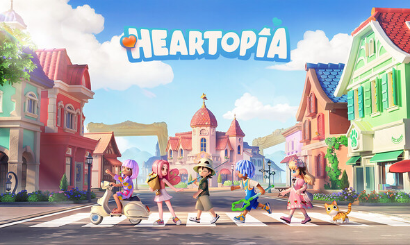 Captura de tela do jogo Heartopia, mostrando o personagem do jogador realizando atividades cotidianas em um ambiente ensolarado e tranquilo, como decorando o quintal de uma casa fofa ou cuidando de um jardim
