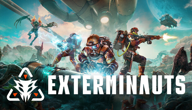 Arte de capa oficial de lançamento do jogo Exterminauts. Em primeiro plano, soldados espaciais equipados com armaduras tecnológicas empunham armas pesadas contra um fundo alienígena. No topo da imagem, o logotipo vibrante do jogo aparece em destaque