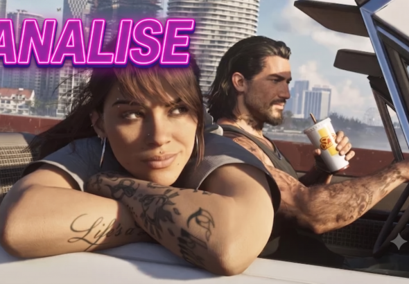Análise de GTA 6 com imagem oficial dos protagonistas em frente ao pôr do sol de Vice City