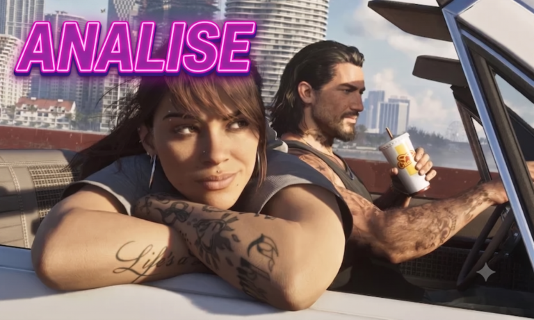 Análise de GTA 6 com imagem oficial dos protagonistas em frente ao pôr do sol de Vice City